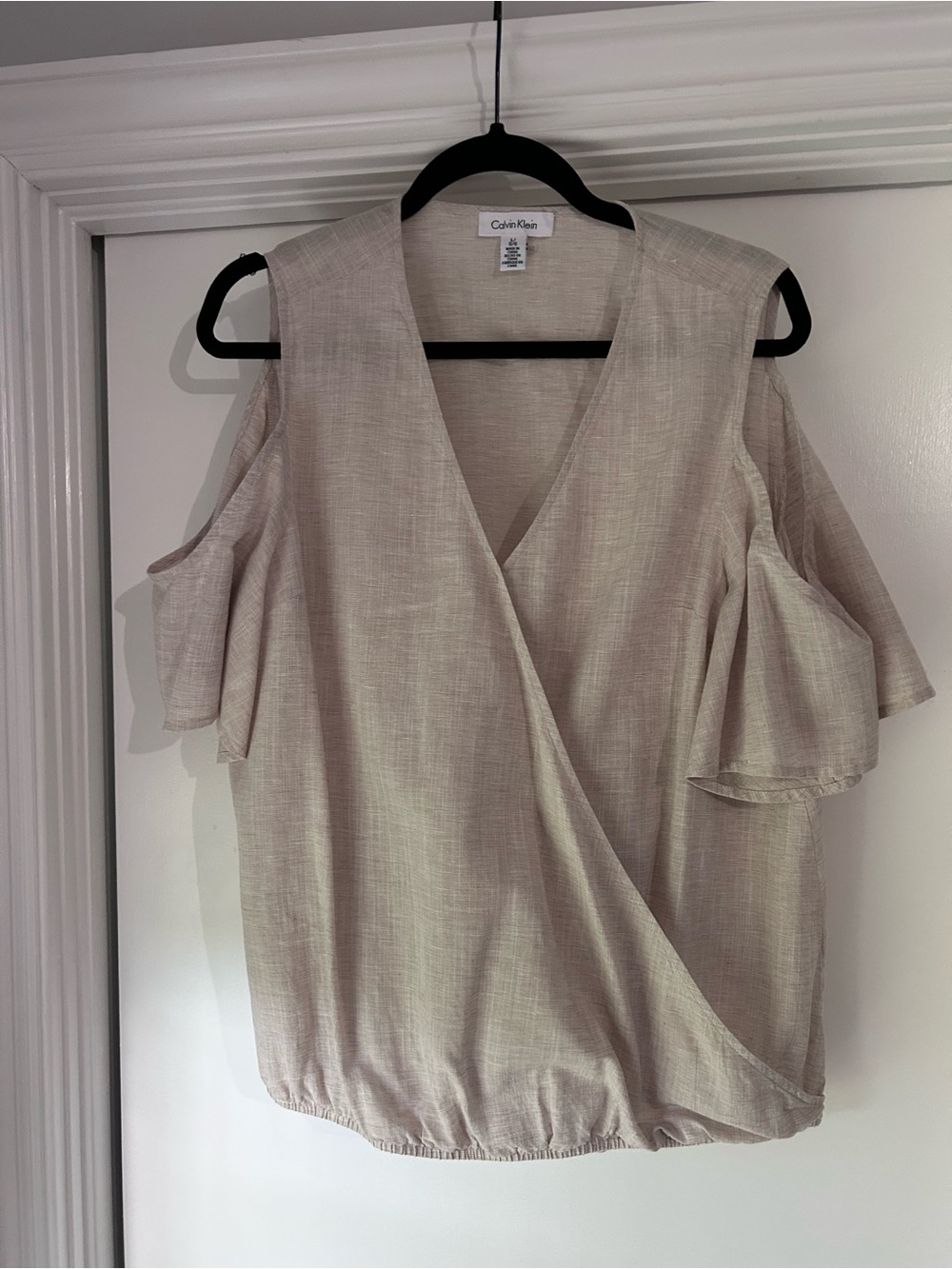 Calvin Klein Light Beige Cold-Shoulder Wrap Blouse
